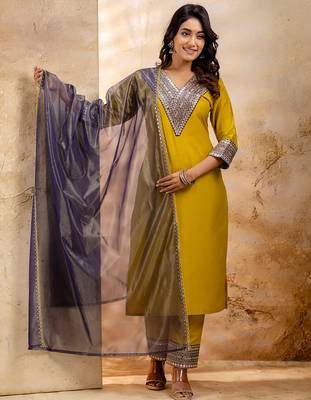 Lemon yellow viscose rayon designer festive wear readymade suit 1