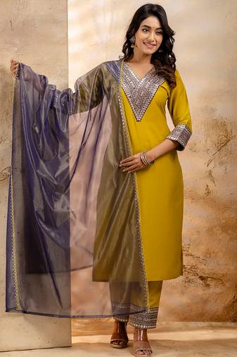 Lemon yellow viscose rayon designer festive wear readymade suit