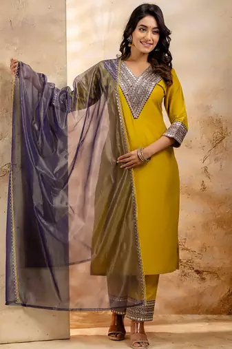 Lemon yellow viscose rayon designer festive wear readymade suit