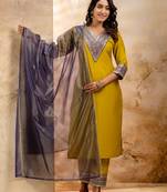 Lemon yellow viscose rayon designer festive wear readymade suit