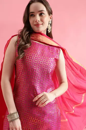 rani-pink fancy silk blend kurta set