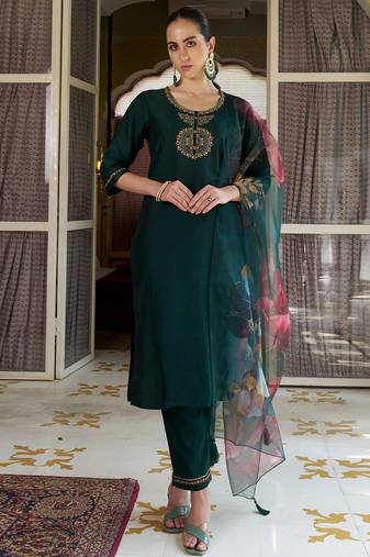 green fancy cotton silk kurta set