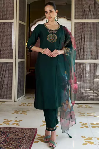 green fancy cotton silk kurta set