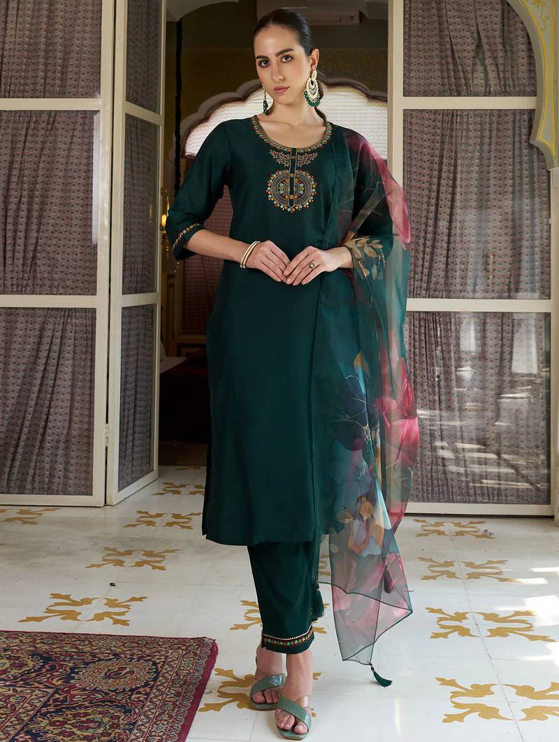 green fancy cotton silk kurta set