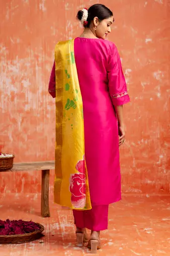 rani-pink fancy silk blend kurta set