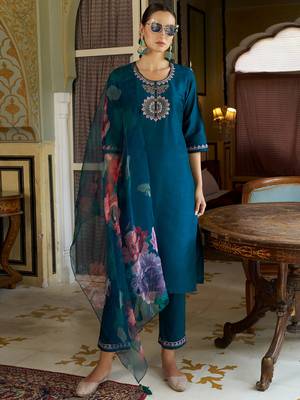 teal fancy cotton silk kurta set 1