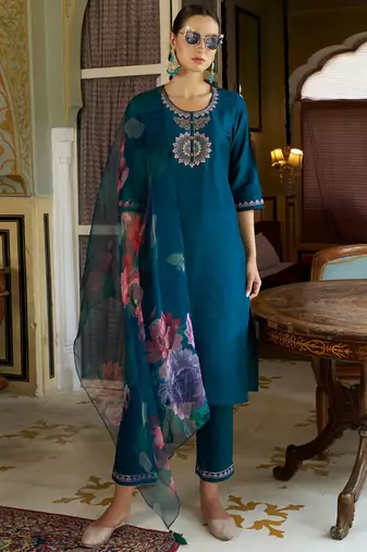 teal fancy cotton silk kurta set