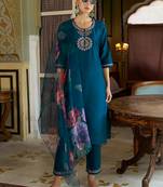 teal fancy cotton silk kurta set