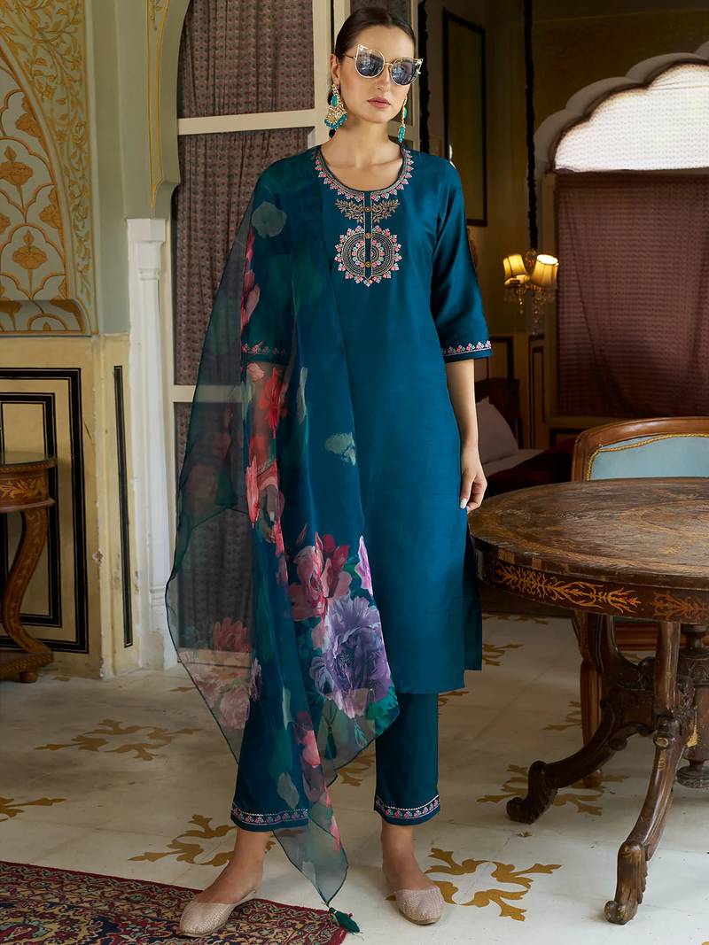 teal fancy cotton silk kurta set