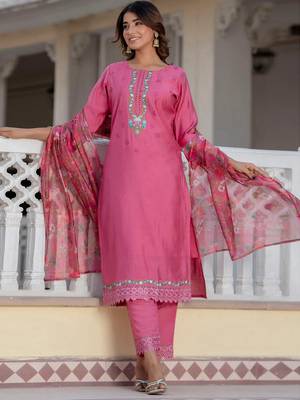 Pink viscose roman silk designer festive wear readymade suit 2