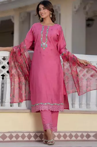 Pink viscose roman silk designer festive wear readymade suit