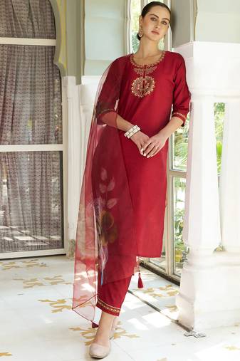 maroon fancy cotton silk kurta set