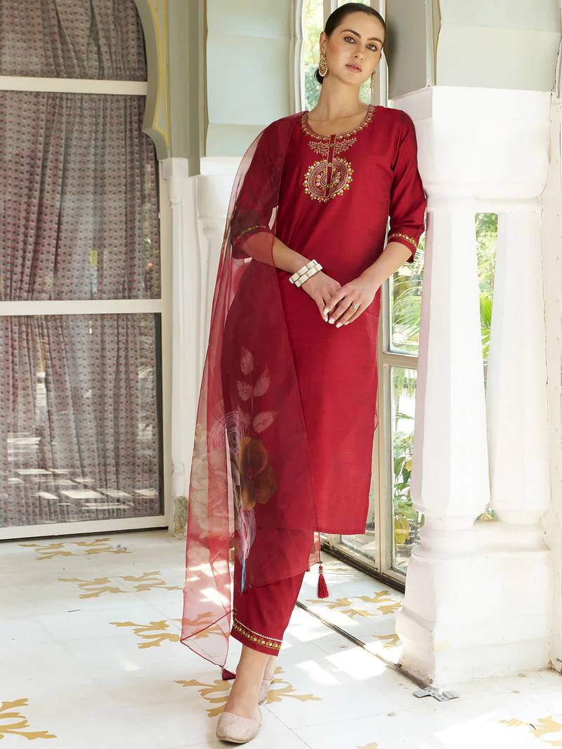 maroon fancy cotton silk kurta set