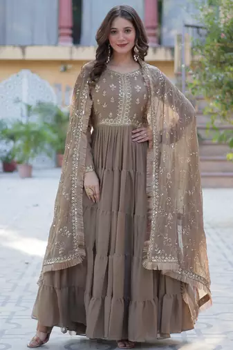 Beige star georgette designer festive wear readymade suit