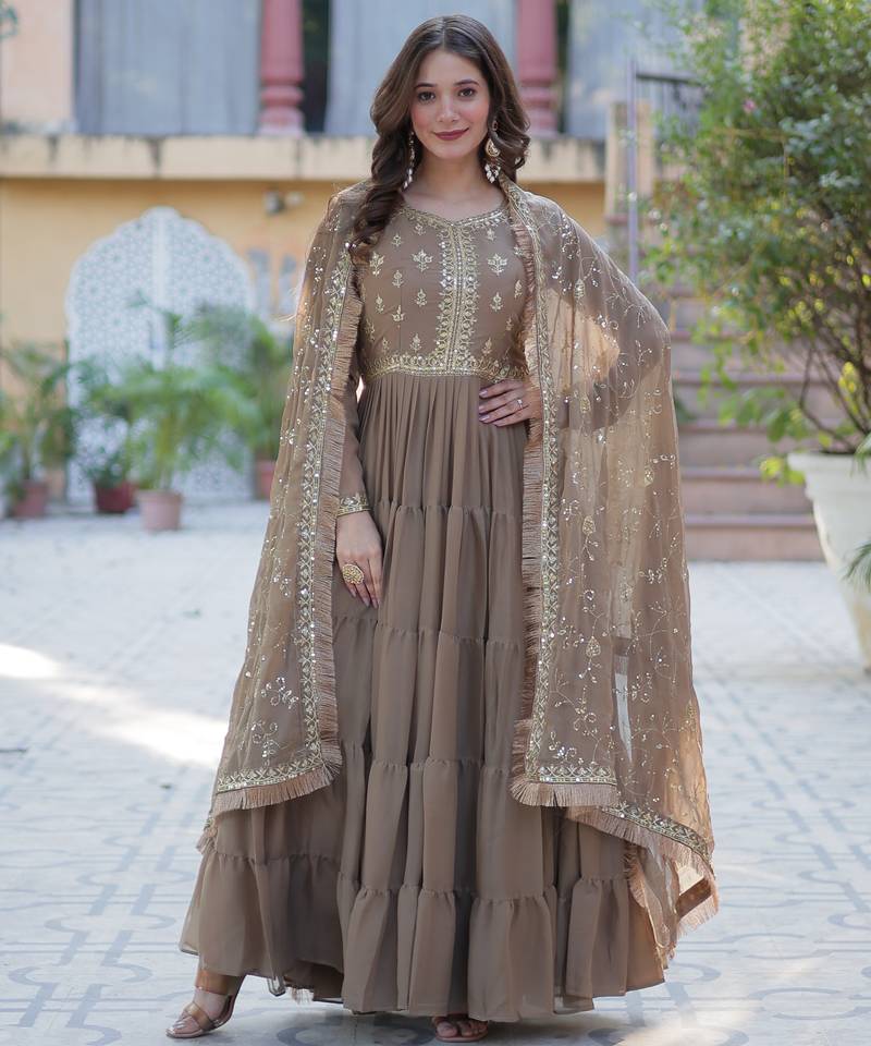 Beige star georgette designer festive wear readymade suit