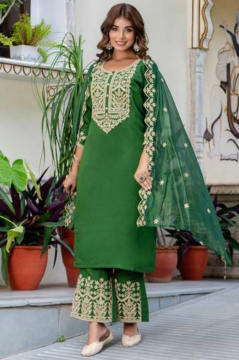green fancy silk blend kurta set