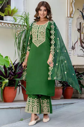 green fancy silk blend kurta set