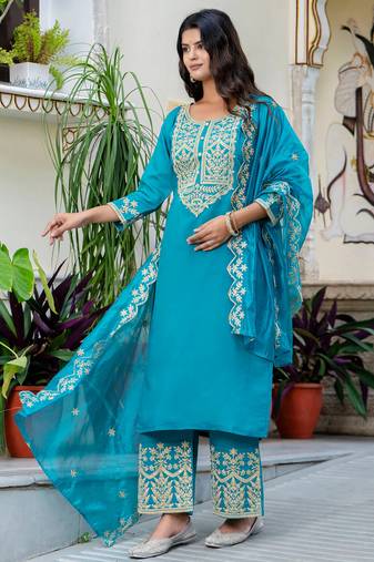 blue fancy silk blend kurta set