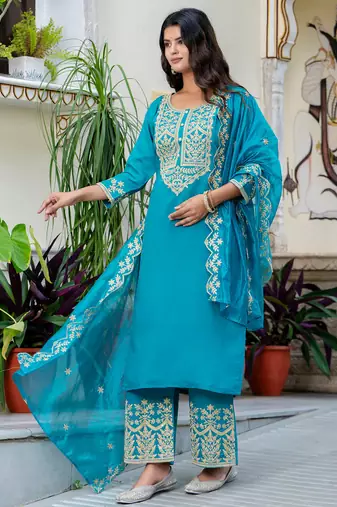 blue fancy silk blend kurta set