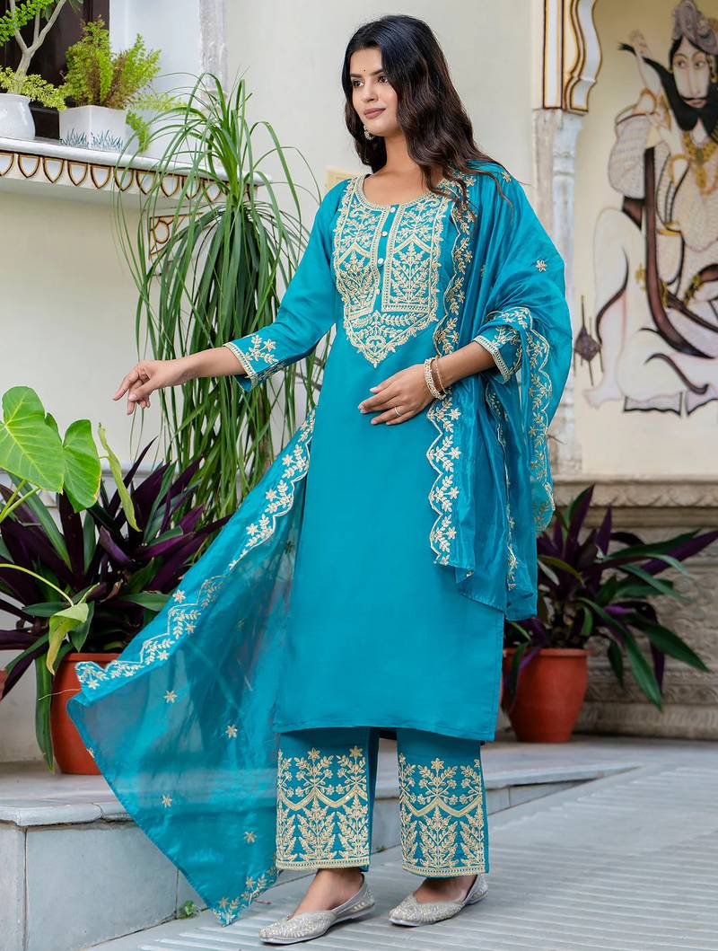 blue fancy silk blend kurta set
