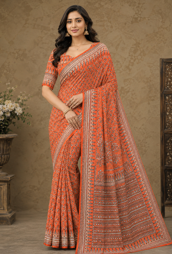 orange hand with katdana and real mirror georgette saree