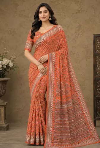 orange hand with katdana and real mirror georgette saree