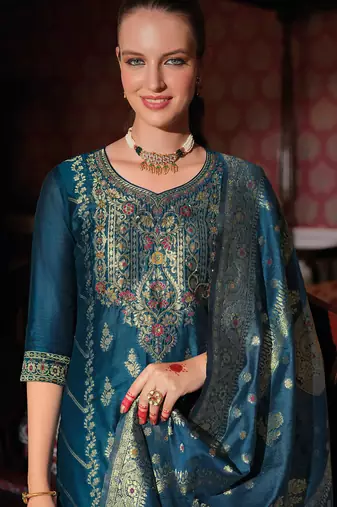 teal fancy banarasi silk kurta set