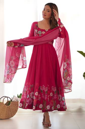 rani-pink fancy pure organza kurta set