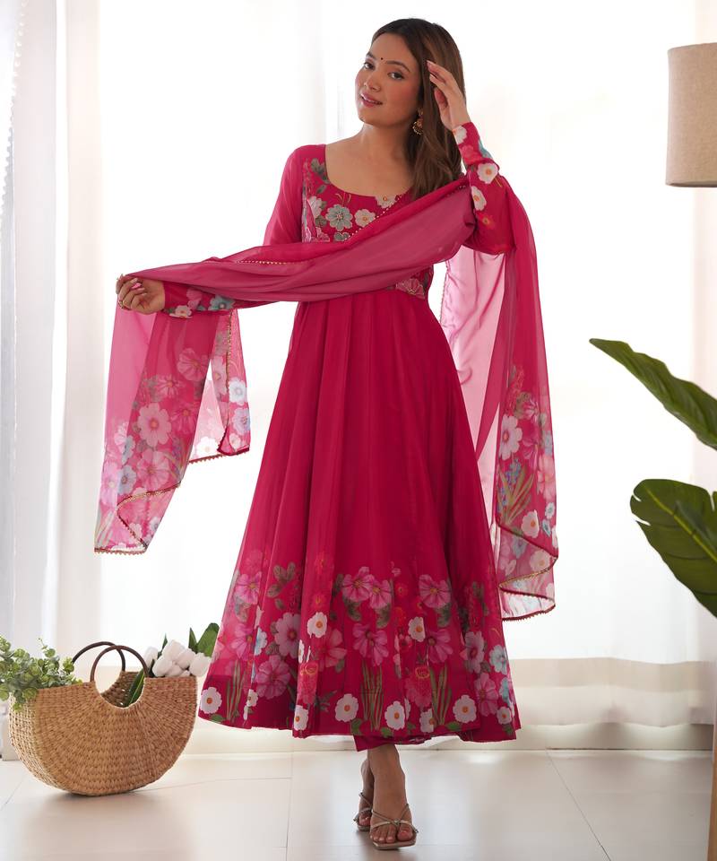 rani-pink fancy pure organza kurta set
