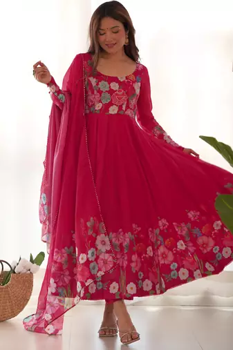 rani-pink fancy pure organza kurta set