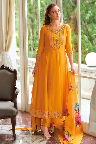 Yellow vichitra silk designer festive wear readymade suit