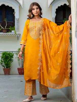 Mustard silk blend designer festive wear readymade suit 2