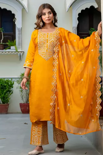 Mustard silk blend designer festive wear readymade suit