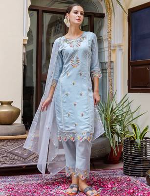 sky-blue fancy viscose rayon kurta set 1