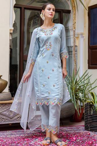 sky-blue fancy viscose rayon kurta set