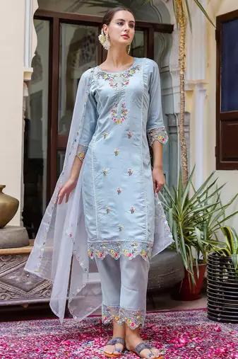 sky-blue fancy viscose rayon kurta set