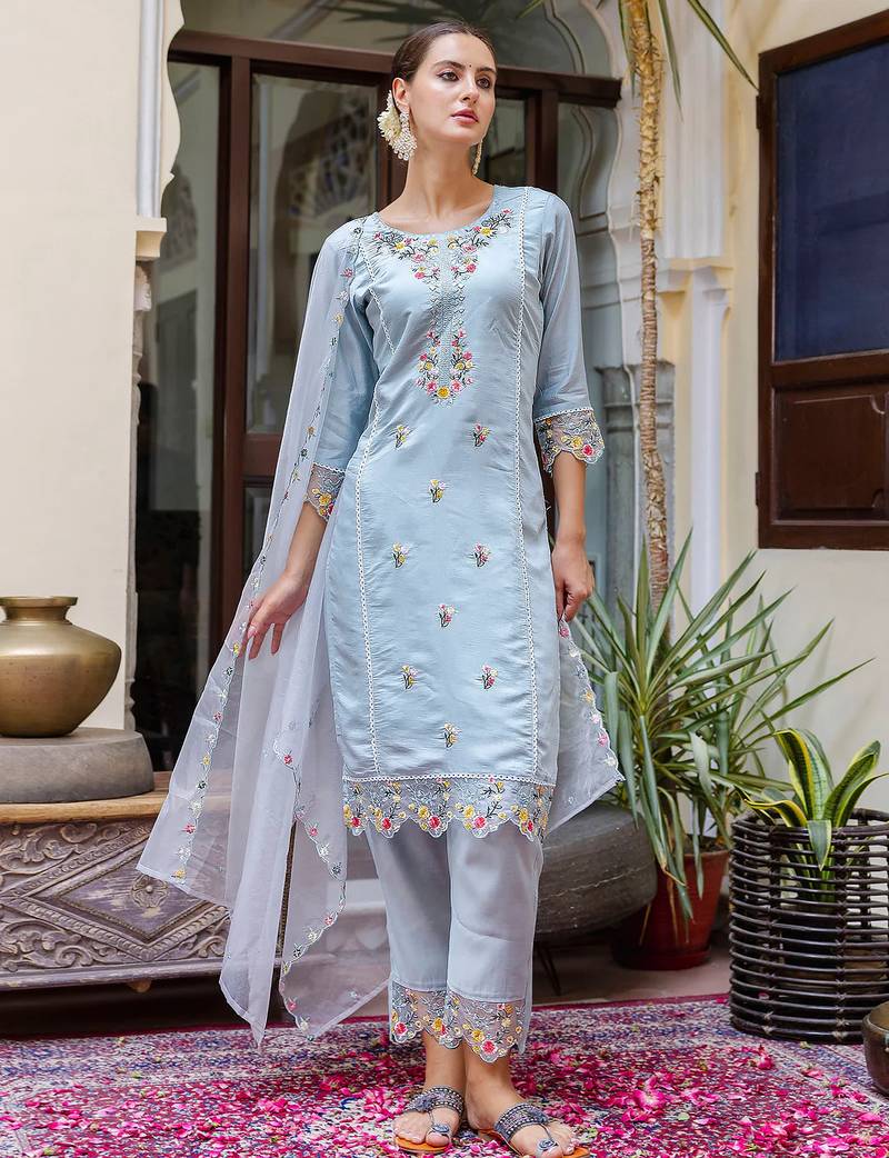 sky-blue fancy viscose rayon kurta set