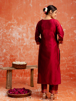 maroon fancy cotton silk kurta set 4