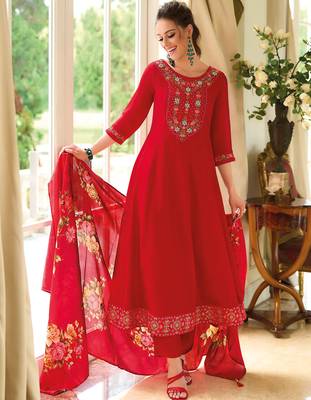 Red vichitra silk designer festive wear readymade suit 2