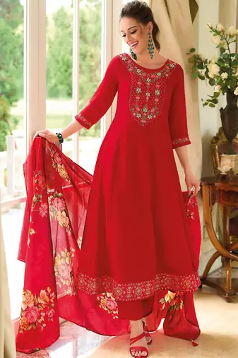 Red vichitra silk designer festive wear readymade suit