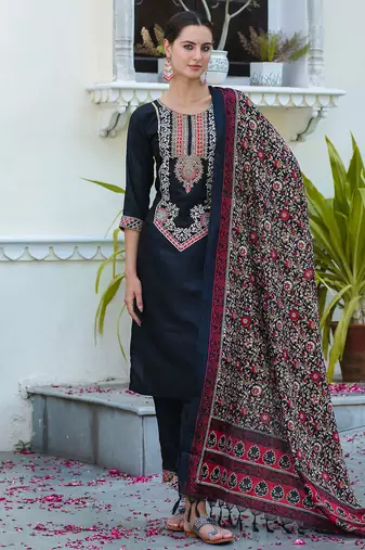 black fancy silk blend kurta set