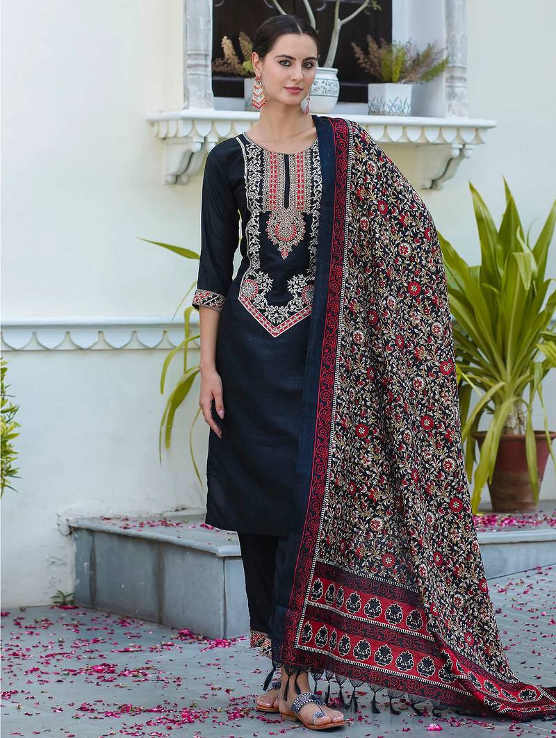 black fancy silk blend kurta set