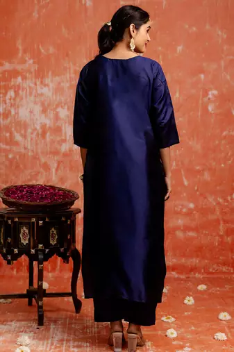 navy-blue fancy cotton silk kurta set