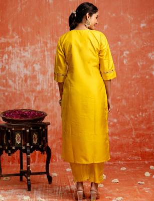 yellow fancy silk blend kurta set 4