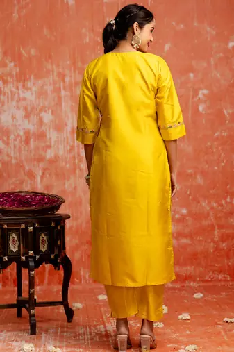 yellow fancy silk blend kurta set