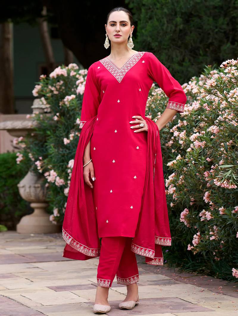 rani-pink fancy silk blend kurta set