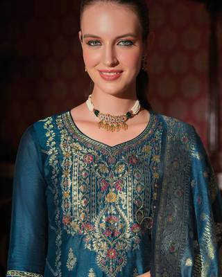 teal fancy banarasi silk kurta set 4