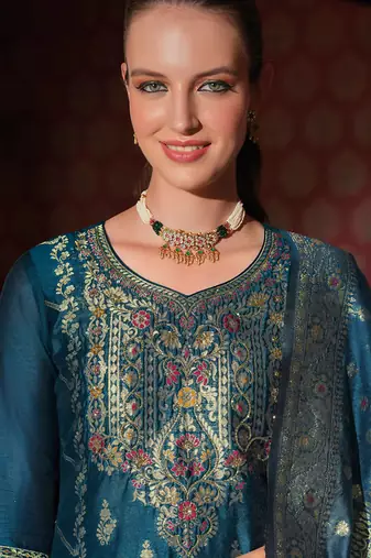 teal fancy banarasi silk kurta set