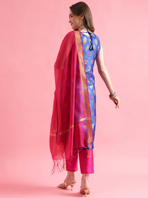 blue fancy silk blend kurta set 3