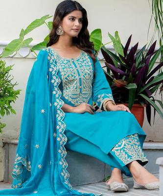 blue fancy silk blend kurta set 2